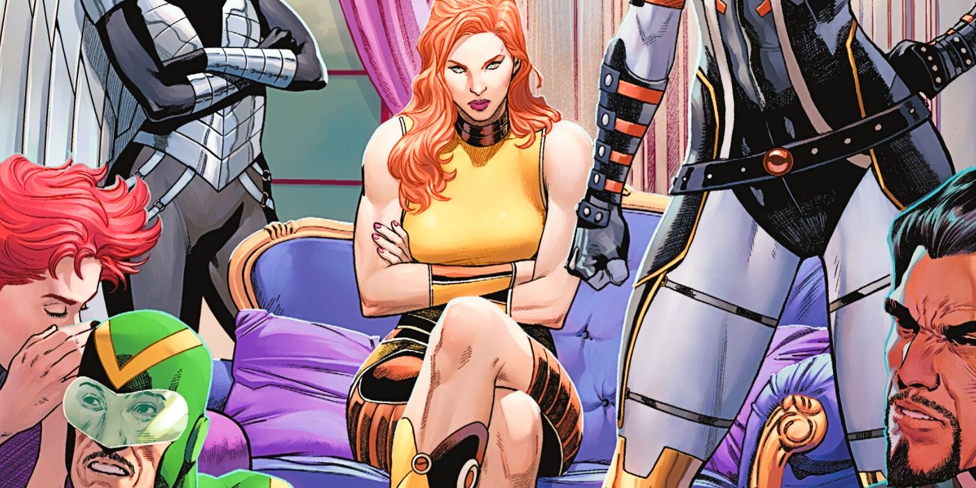 Giganta sits on a couch among a gathering of Wonder Woman's greatest foes.