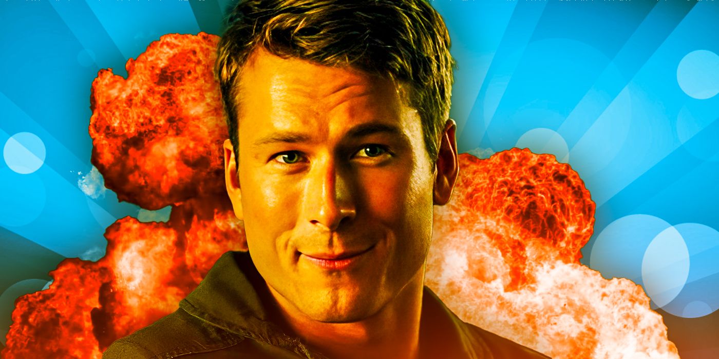 Glen Powell as hangman in front of an explosion