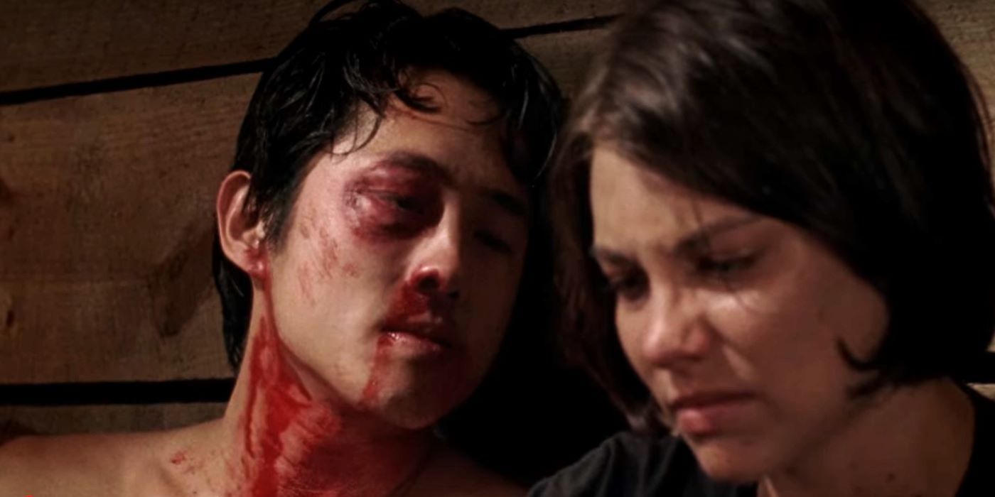 Glenn bloody and Maggie crying in The Walking Dead season 3 episode 8