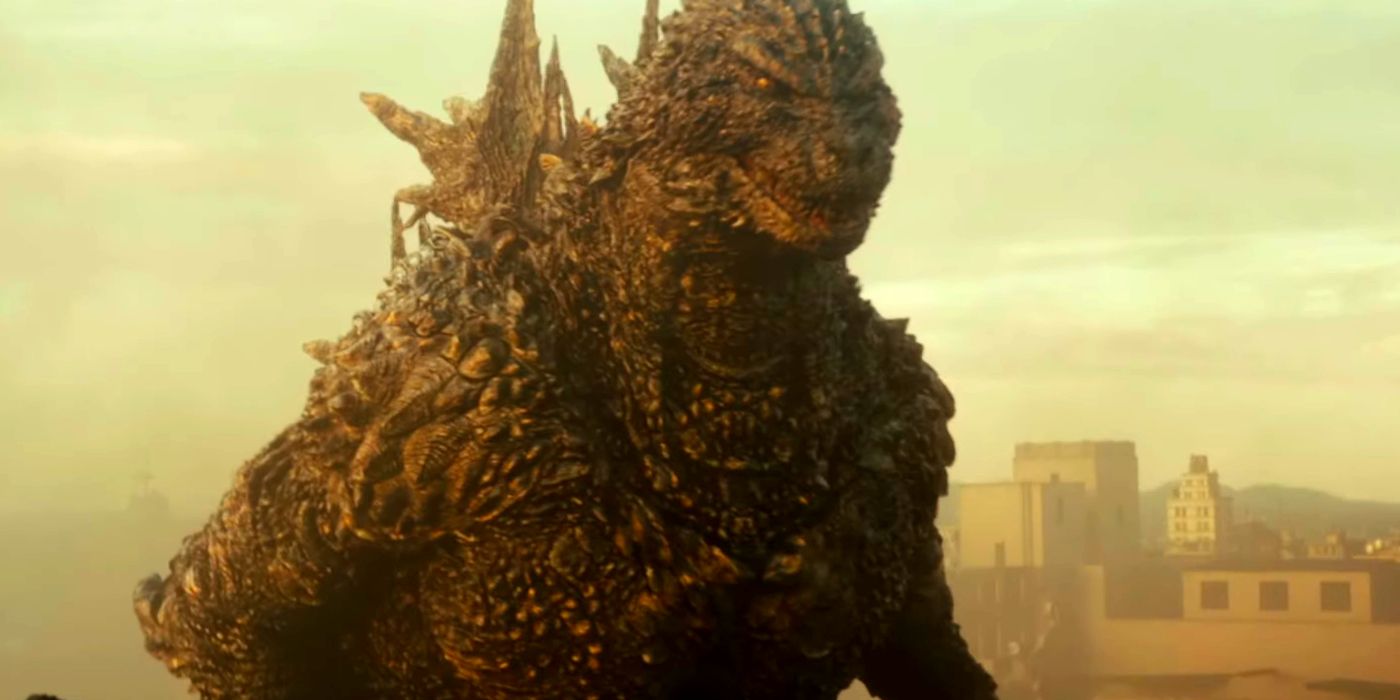 Godzilla Rampaging in Godzilla Minus One with a serious face