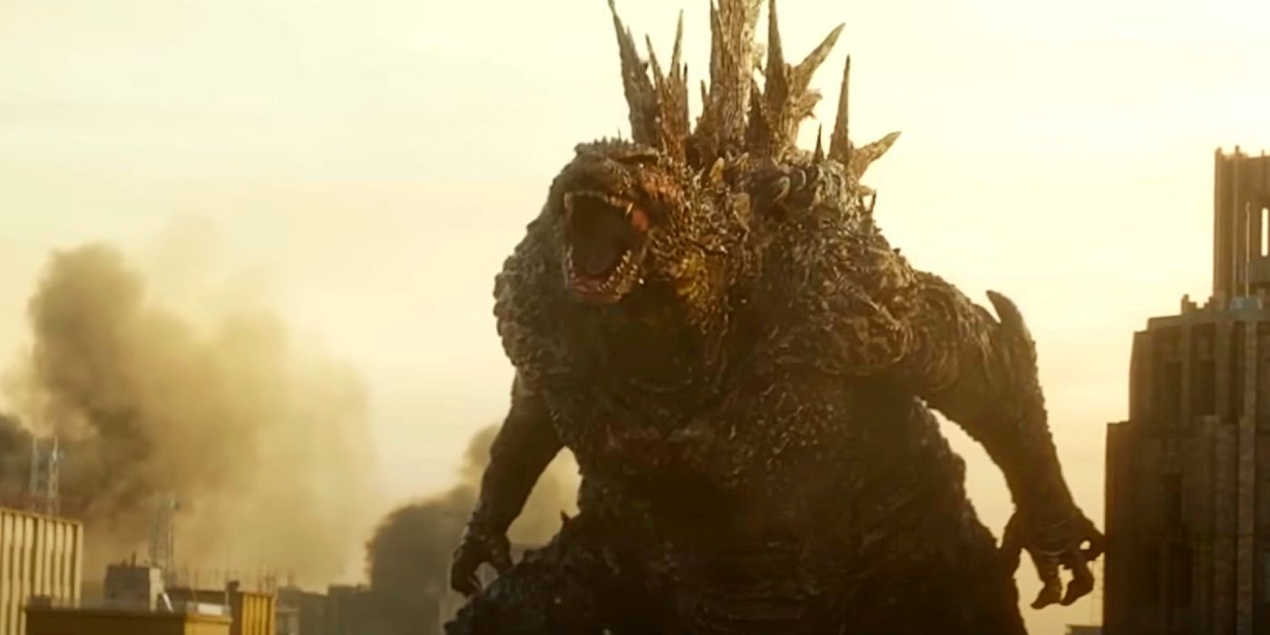 Godzilla roaring in the ruins of a city in Godzilla Minus One