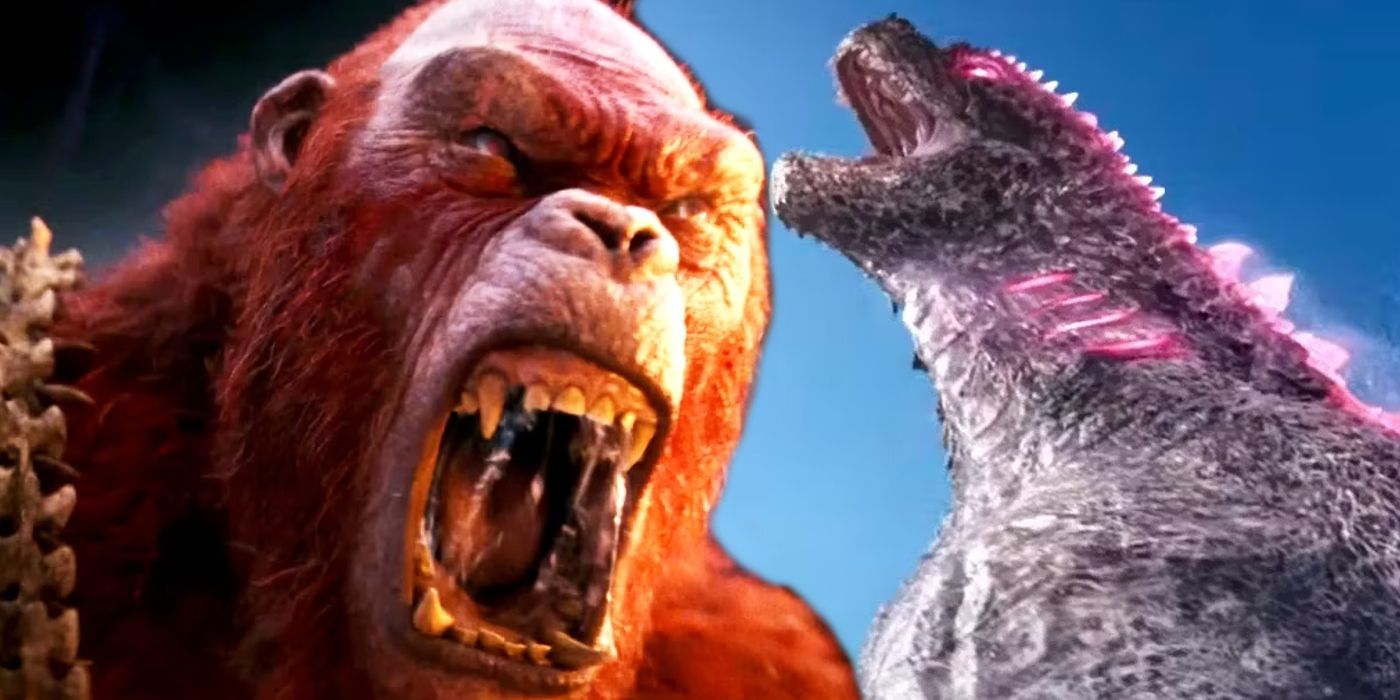 Skar King roaring and Godzilla roaring while pink in Godzilla x Kong The New Empire.
