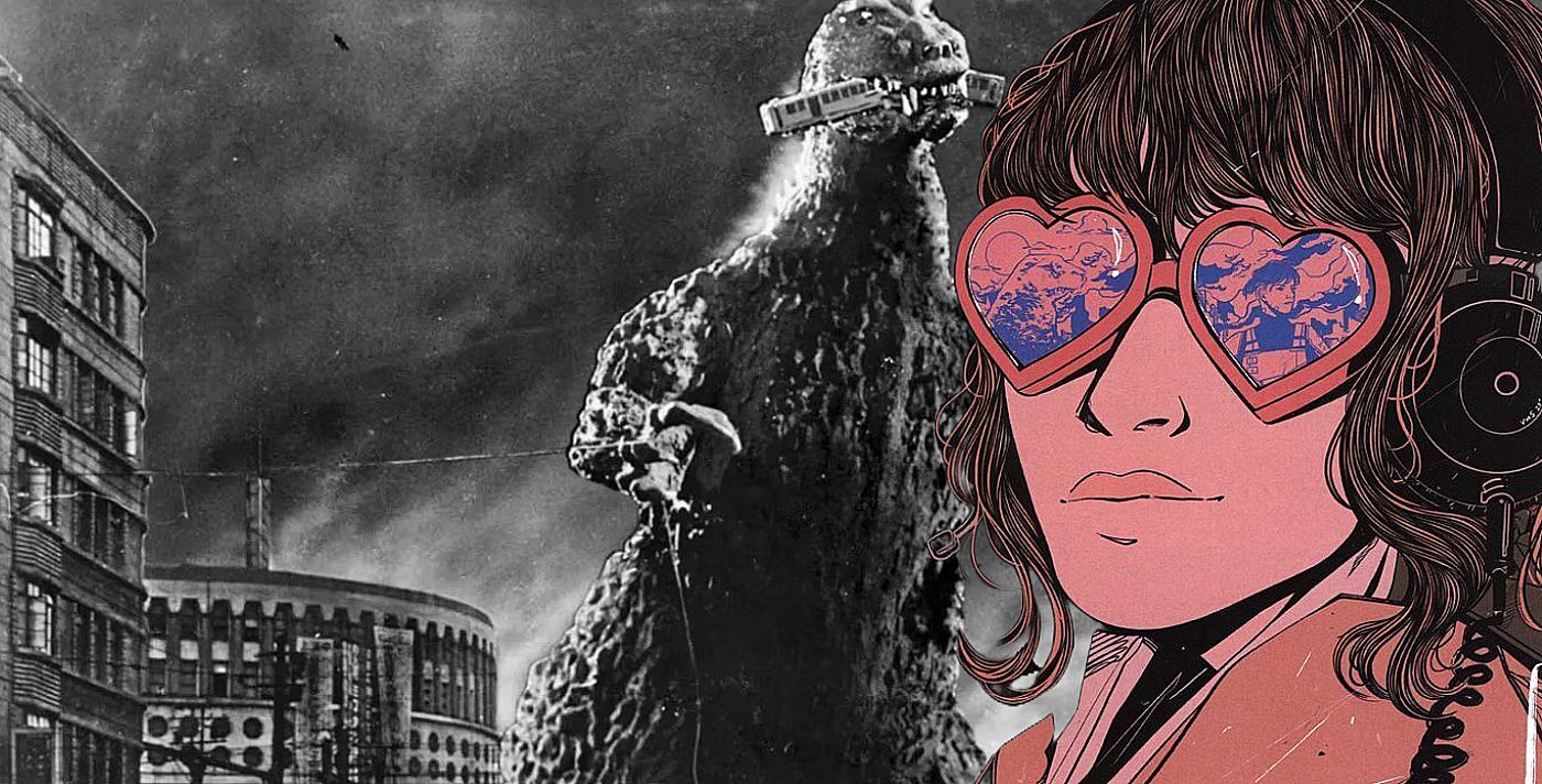 classic Godzilla still (background); comic character with Godzilla reflected in heart-shaped glasses