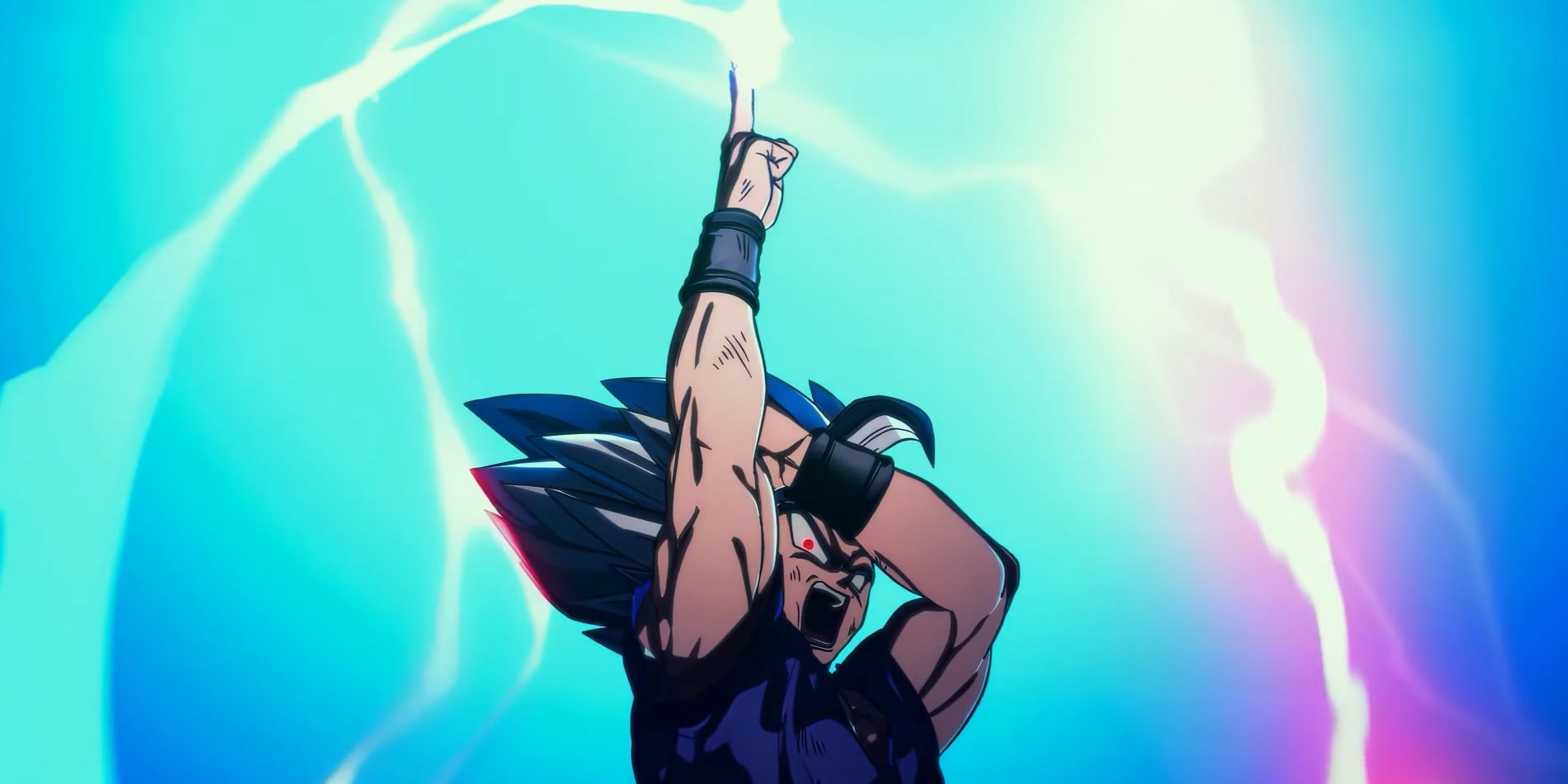 Screenshot from Dragon Ball Super Hero movie shows Beast Gohan raising his arm into the air while white and red lightning forms around him before he launches the special beam cannon.