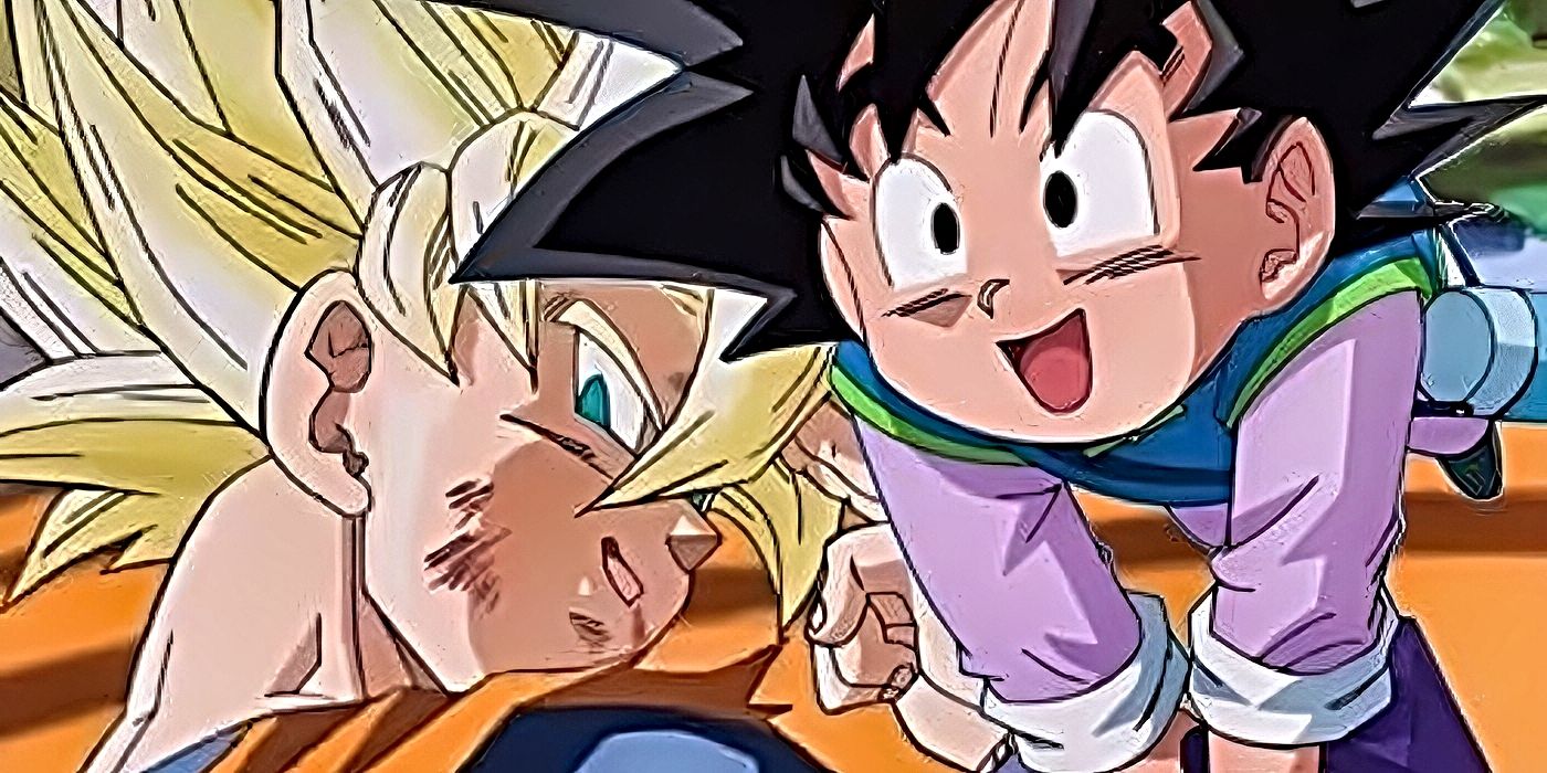 Goku with Goten in Dragon Ball Z in a collage style image.