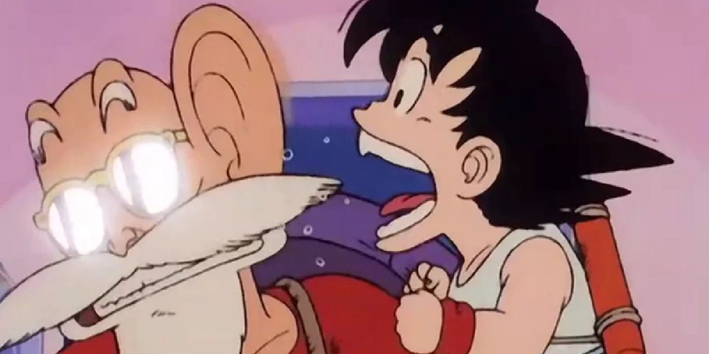 Goku grita no ouvido de Roshi na Dragon Ball original