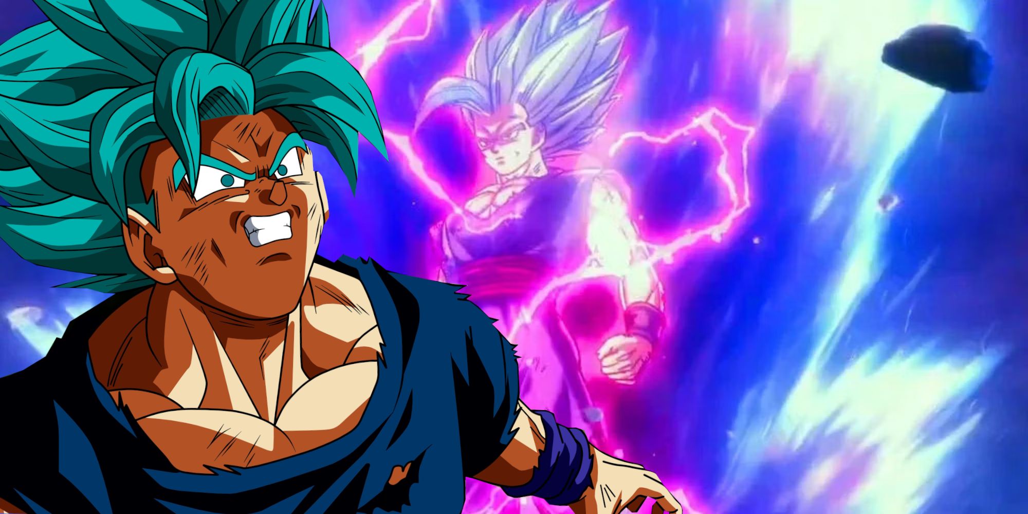 Image shows Beast Gohan transformed and surrounded by blue and purple auras while Super Saiyan Blue Goku looks up at him with an intimidated expression.