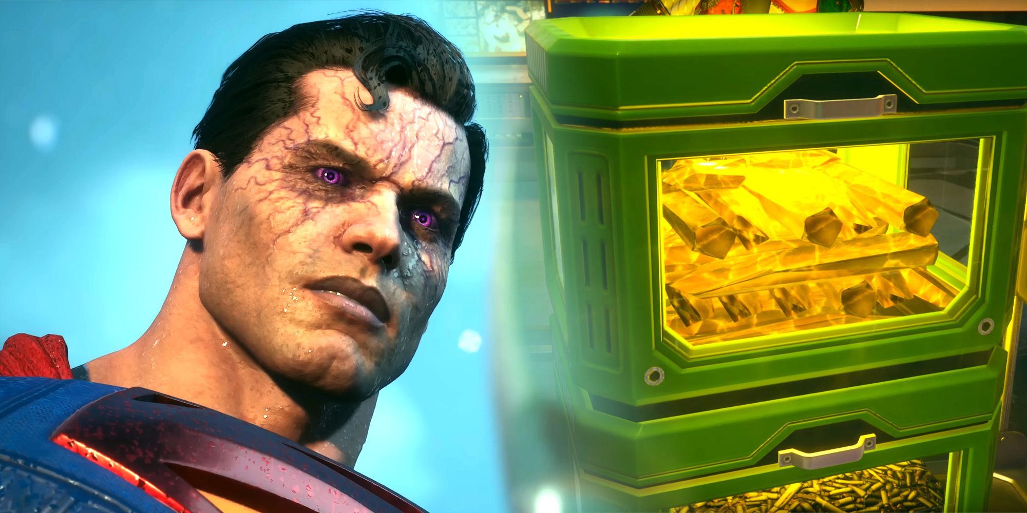 A corrupted Superman next to an image of Gold Kryptonite in a green case in Suicide Squad: Kill the Justice League.