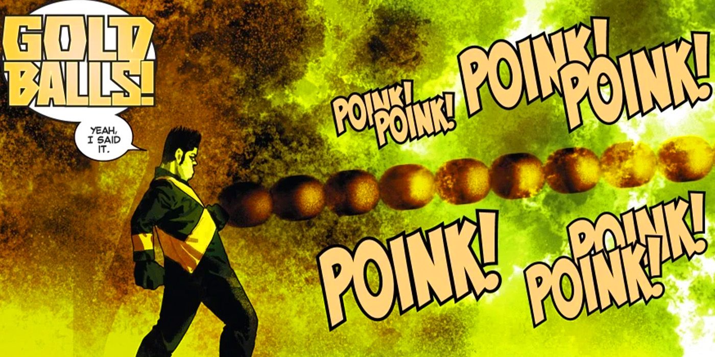 Goldballs disparando suas bolas de ouro na Marvel Comics
