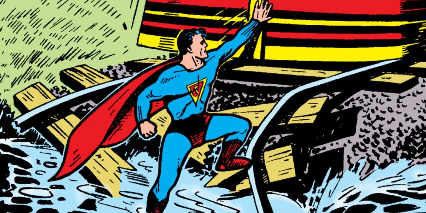 Golden Age Superman stopping a train from going off broken tracks in the comics