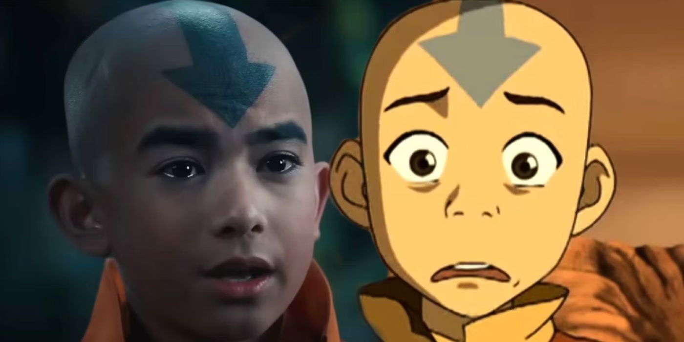 Gordon Cormier como Aang parecendo preocupado ao lado do animado Aang parecendo assustado em Avatar The Last Airbender.