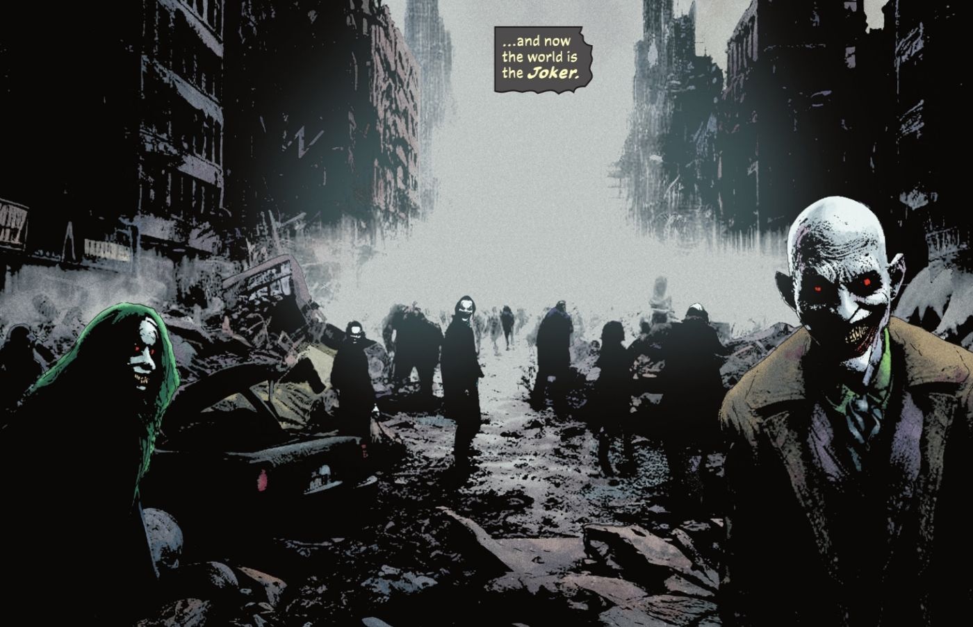 Batman #142, future timeline, Gotham lies in ruins with Jokerfied civilians all around
