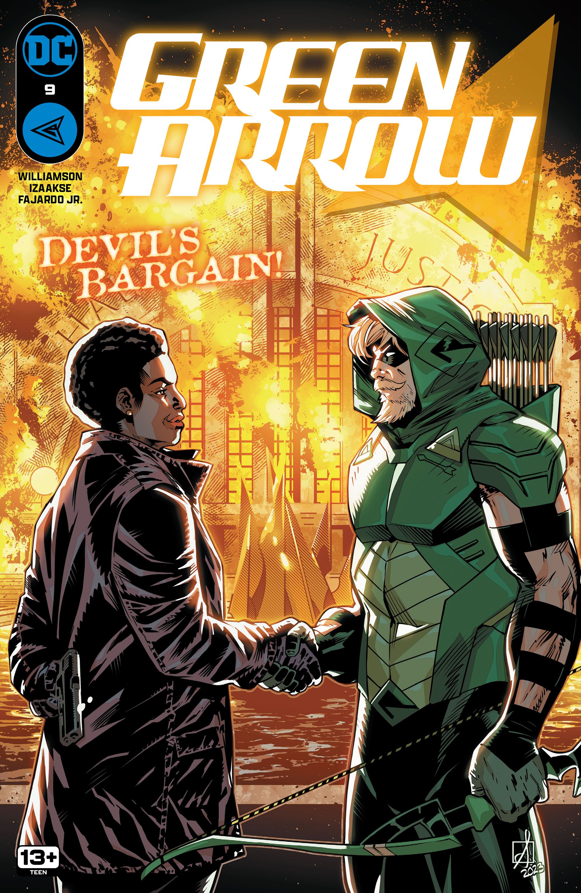 Green Arrow 9 Main Cover: Amanda Waller and Green Arrow shaking hands in front of a burning Hall of Justice.
