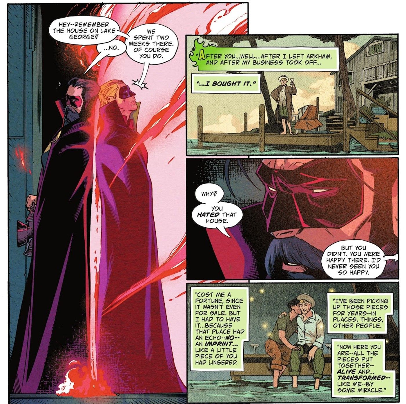 Comic book panels: Red Lantern and Green Lantern stand back to back as they discuss their past in Lake George.