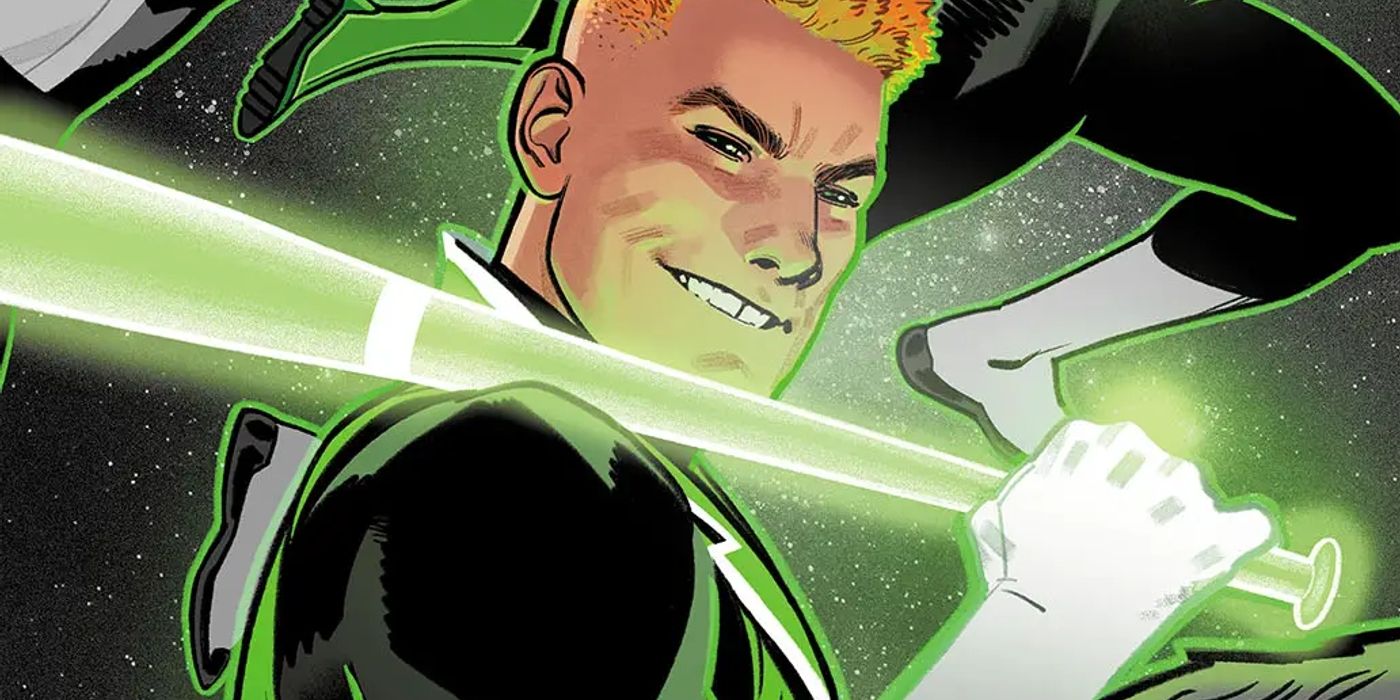 Guy Gardner with a bat made of green light in a DC comic.