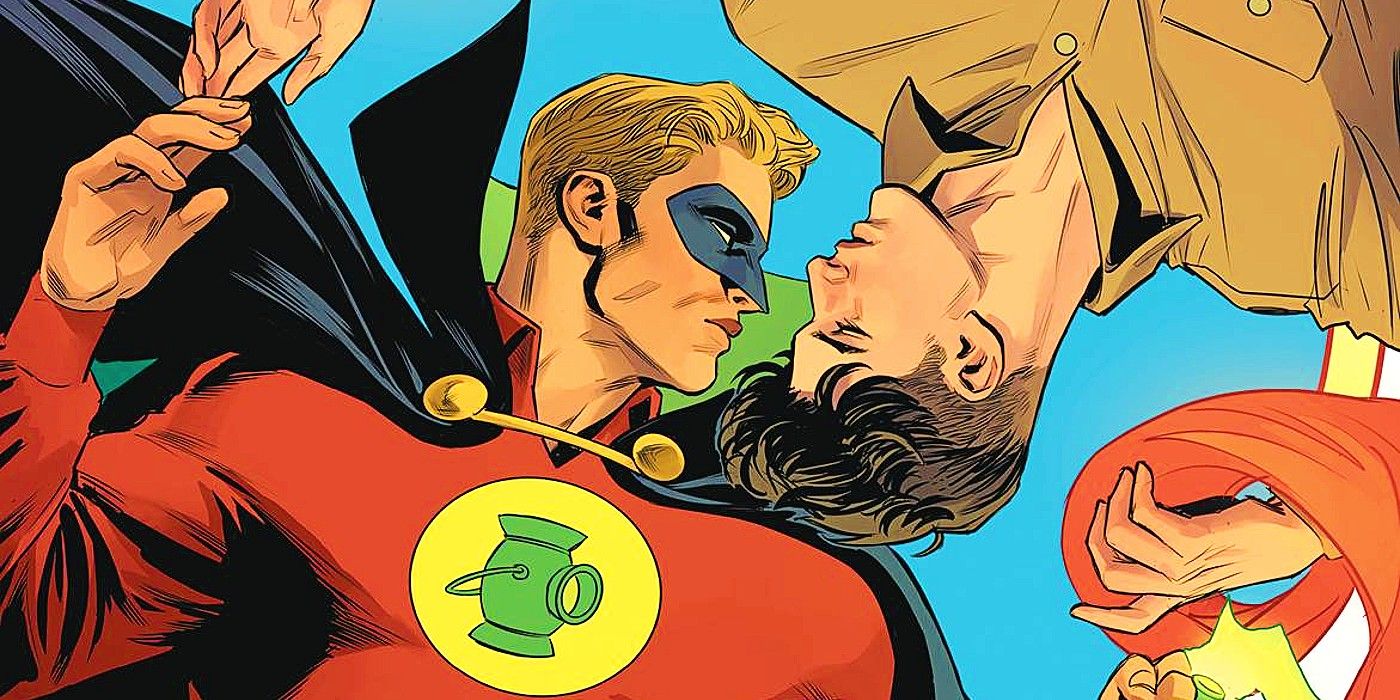 Comic book art: Green Lantern Alan Scott in a romantic pose with his love interest Johnny.