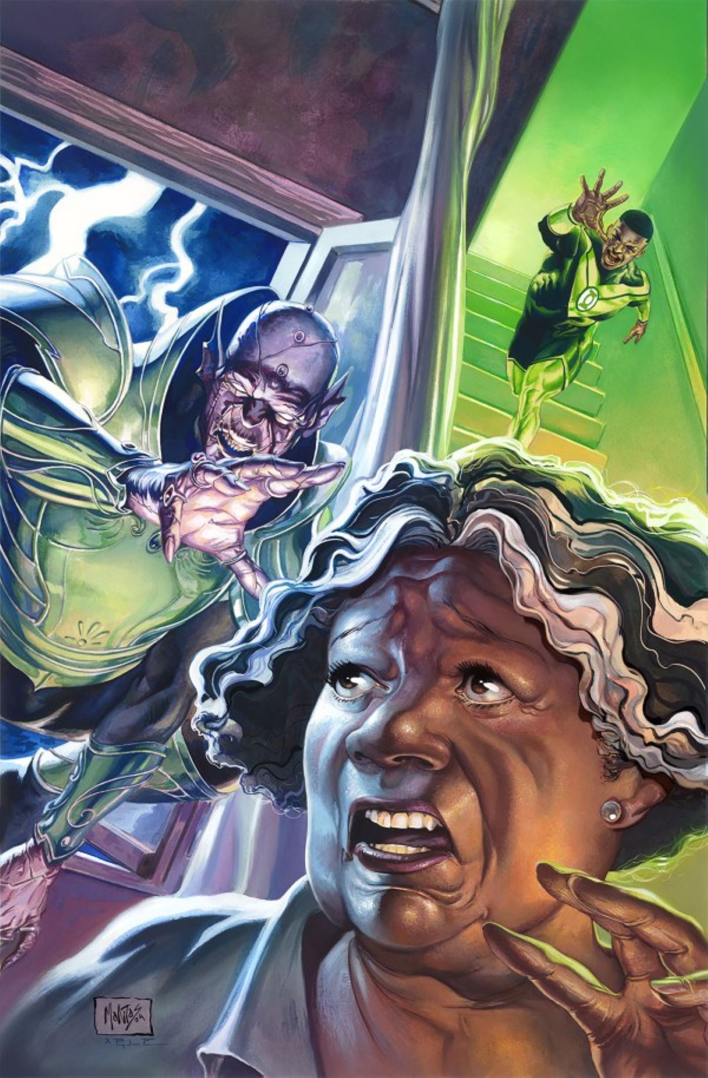 Portada de la revista Green Lantern War #9 con John Stewart y la madre de Varron