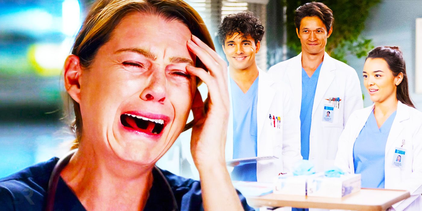 Grey's Anatomy Ellen Pompeo as Meredith Grey crying and the cast