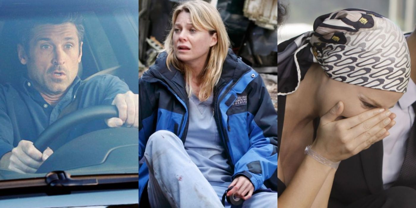 Side by side images feature Derek, Meredith, and Izzie in some of Grey's Anatomy's saddest episodes