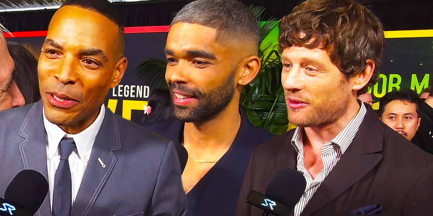Edited image of Reinaldo Marcus Green, Kingsley Ben-Air, and James Norton on Bob Marley: One Love red carpet