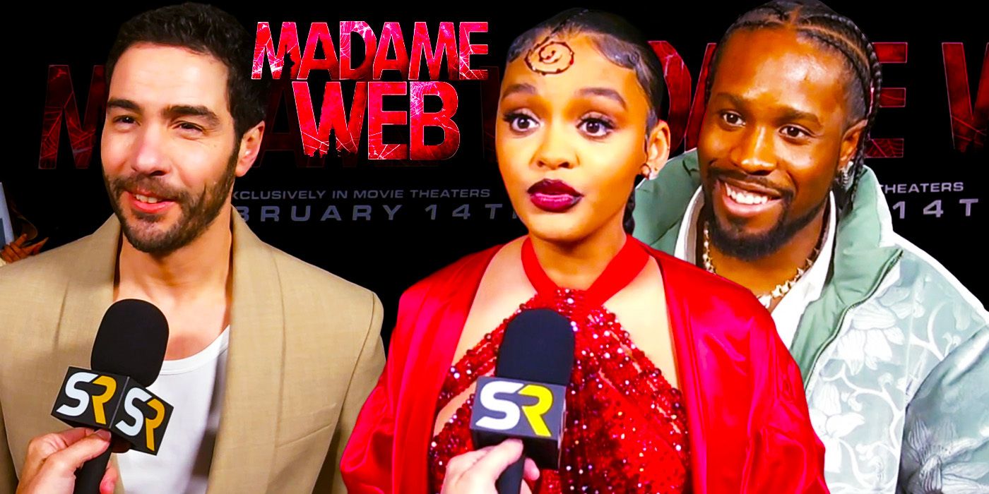 Edited image of Tahar Rahim, Celeste O&rsquo;Connor &amp; Shameik Moore on the Madame Web red carpet