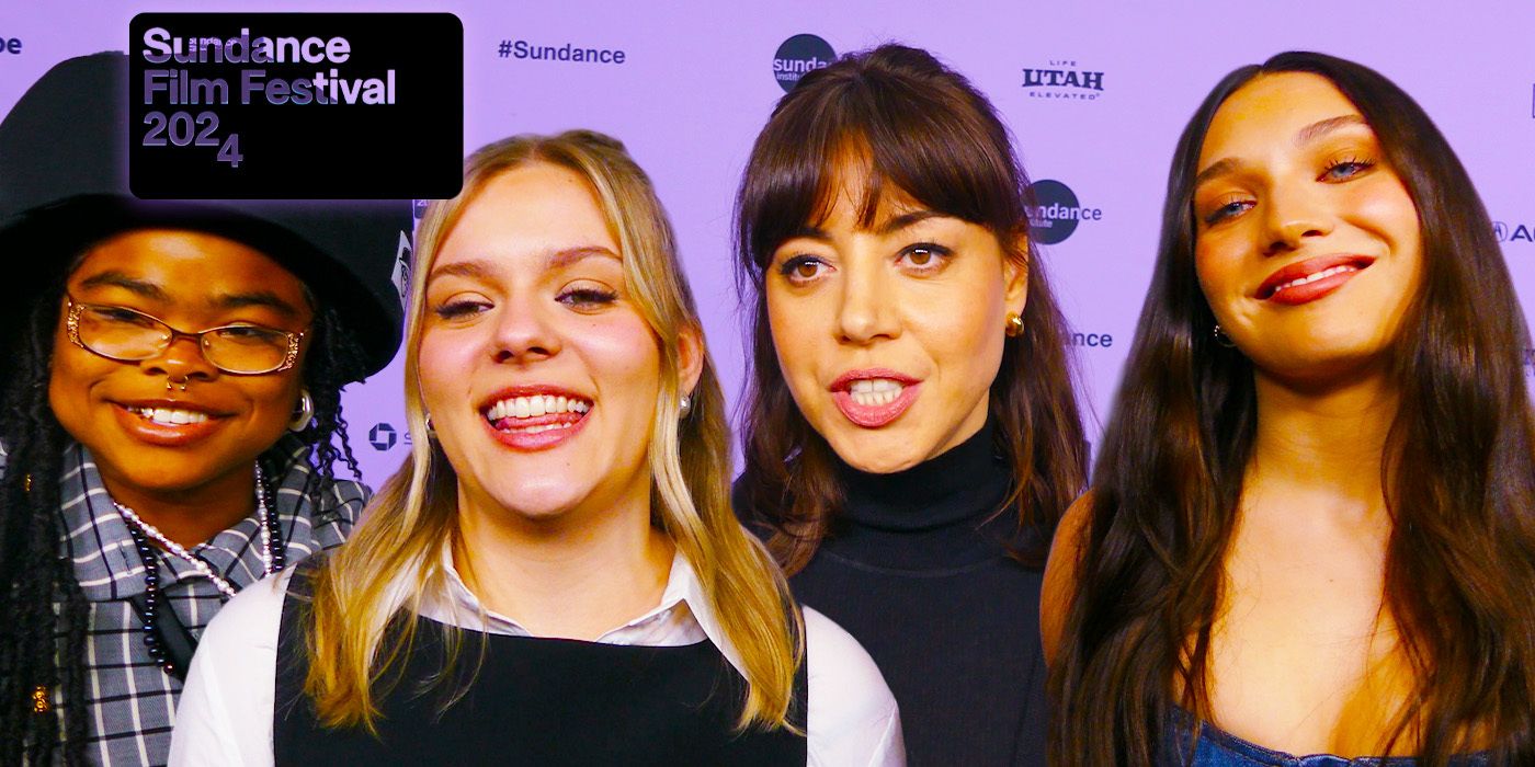 Edited image of Maisy Stella, Aubrey Plaza, Maddie Ziegler, and Kerrice Brooks at My Old Ass' Sundance premiere