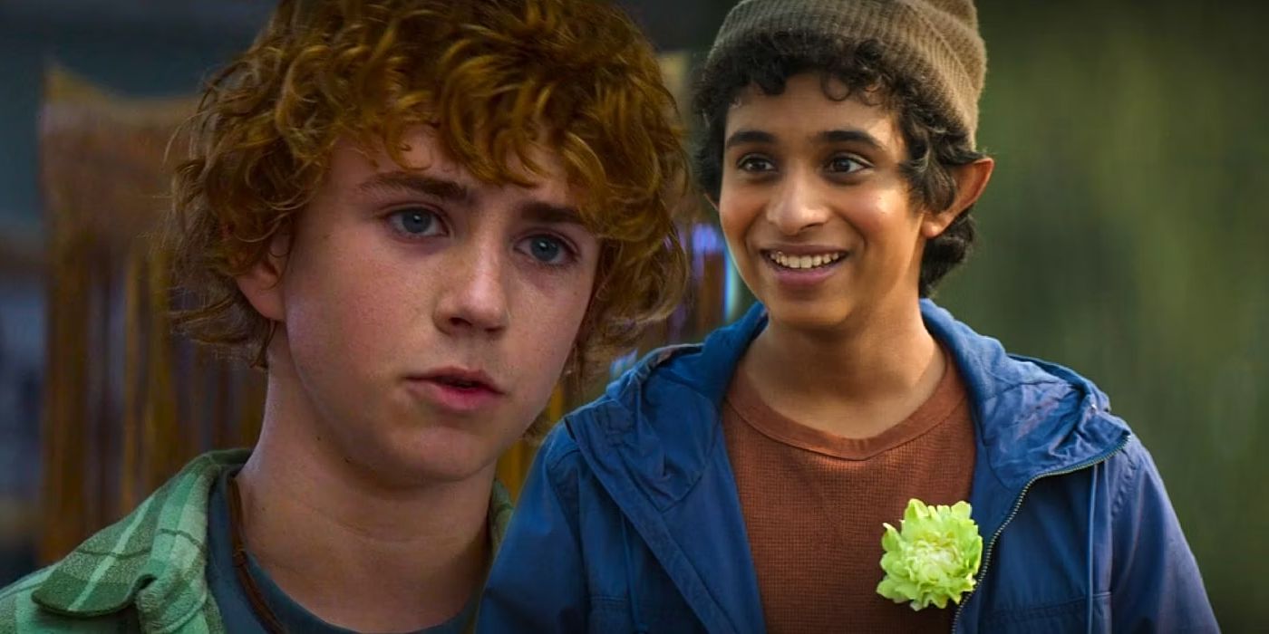 Percy speaking and Grover looking happy in Percy Jackson and the Olympians Season 1.
