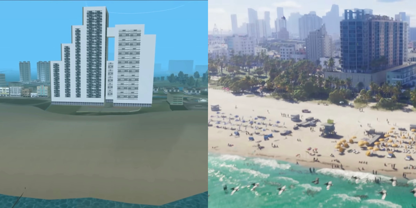 Uma foto aérea da praia em GTA: Vice City ao lado de uma foto aérea da praia em GTA 6