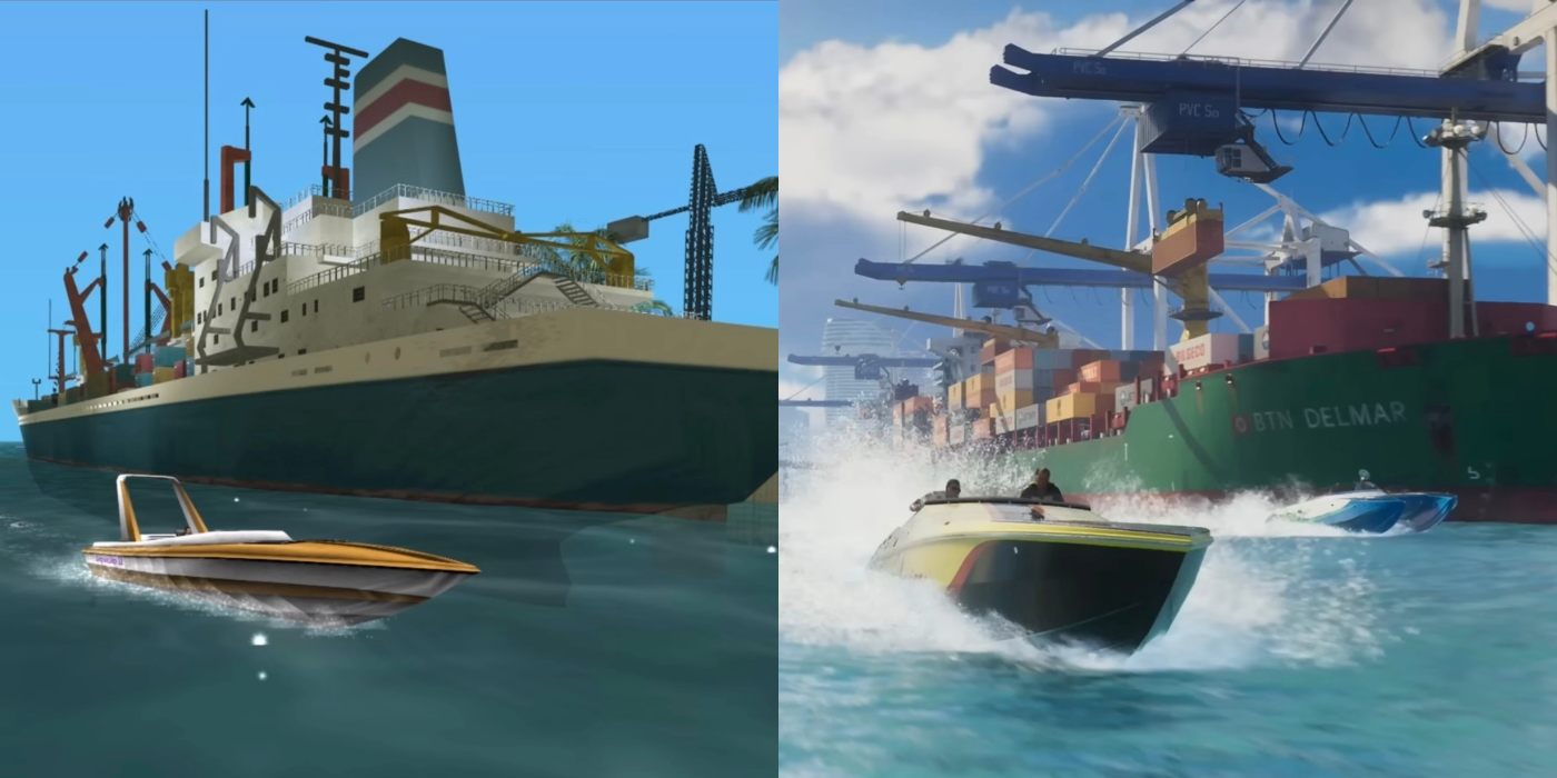 Barcos no porto em GTA: Vice City ao lado de barcos no porto em GTA 6