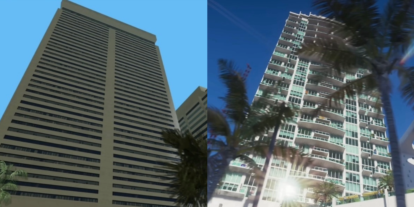 Um prédio em GTA: Vice City Ao lado de um prédio em GTA 6