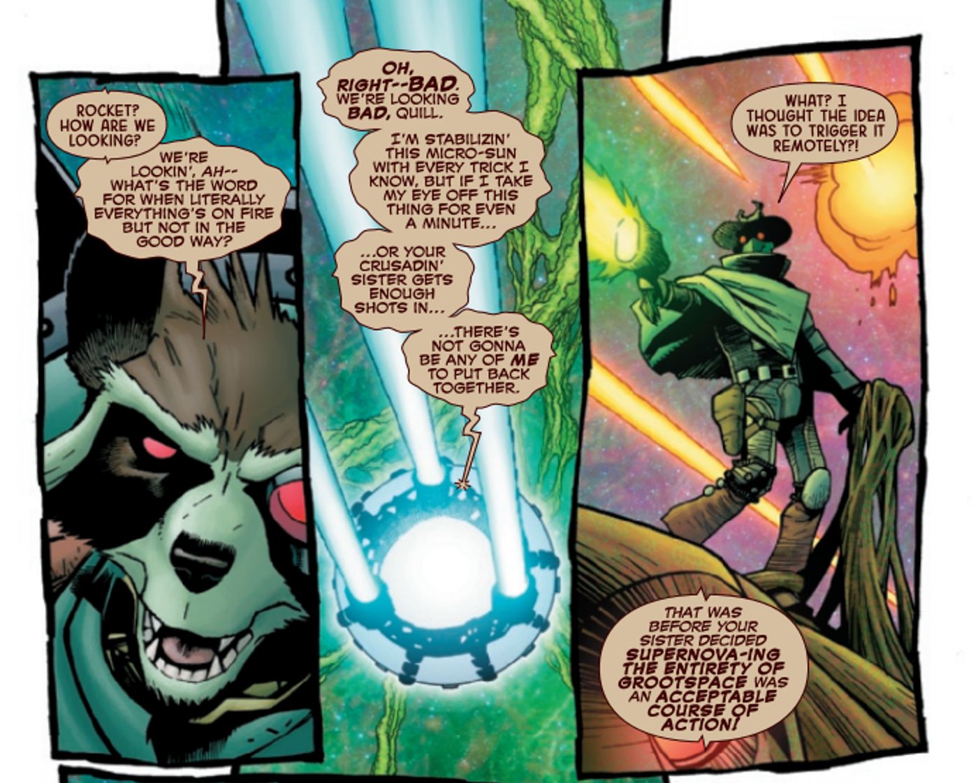 Comic book panels: Guardians of the Galaxy Sun Transporter Dangerous