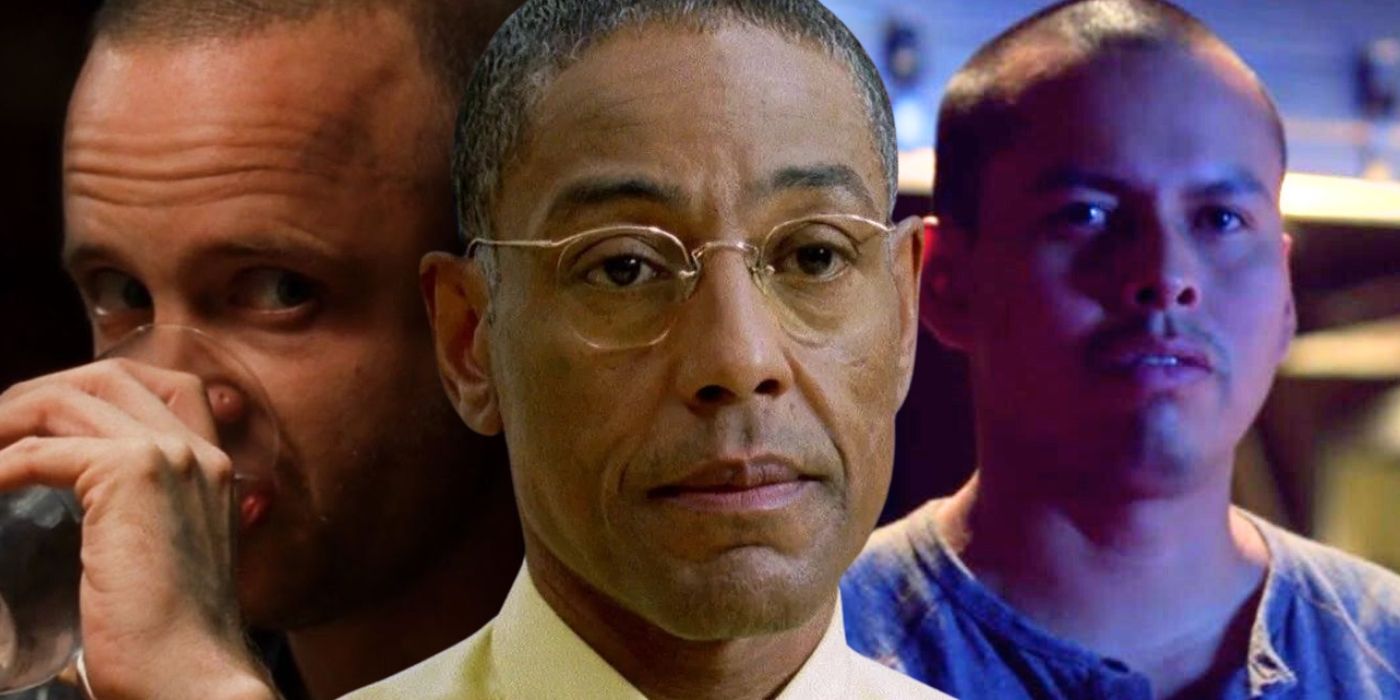 A collage image of Jesse, Gus, and Victor from Breaking Bad.