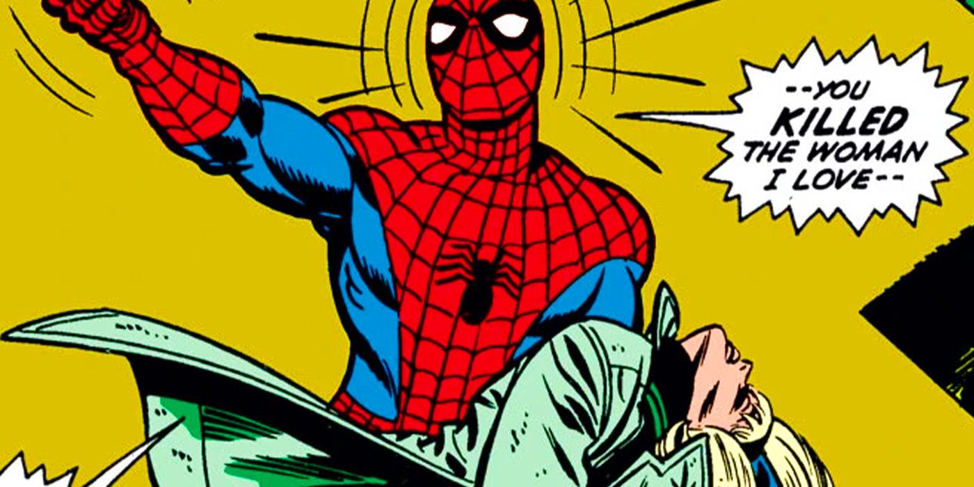 Gwen Stacy dying in Spider-Man's arms as he cries out: 