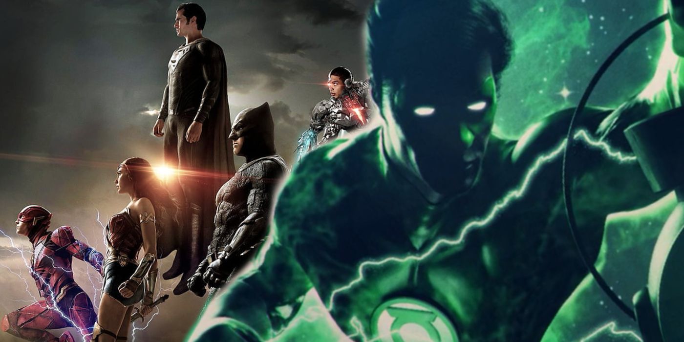 The Hal Jordan Green Lantern from the DCEU intro with the cast of Zack Snyder's Justice League behind him