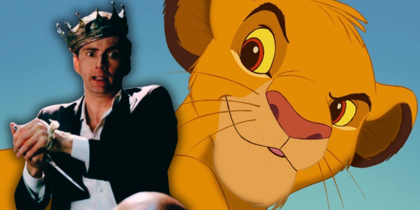 Uma imagem mesclada apresenta David Tennant como Hamlet ao lado de Simba na animação da Disney O Rei Leão