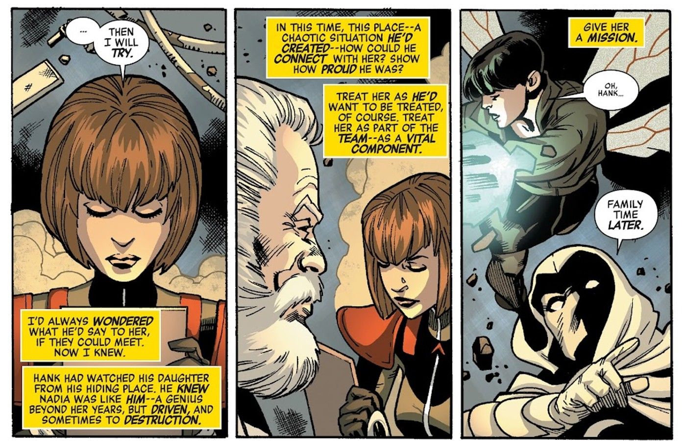 Hank Pym former Ant Man gives Wasp his daughter Nadia van Dyne a mission as Moon Knight and Janet van Dyne watch