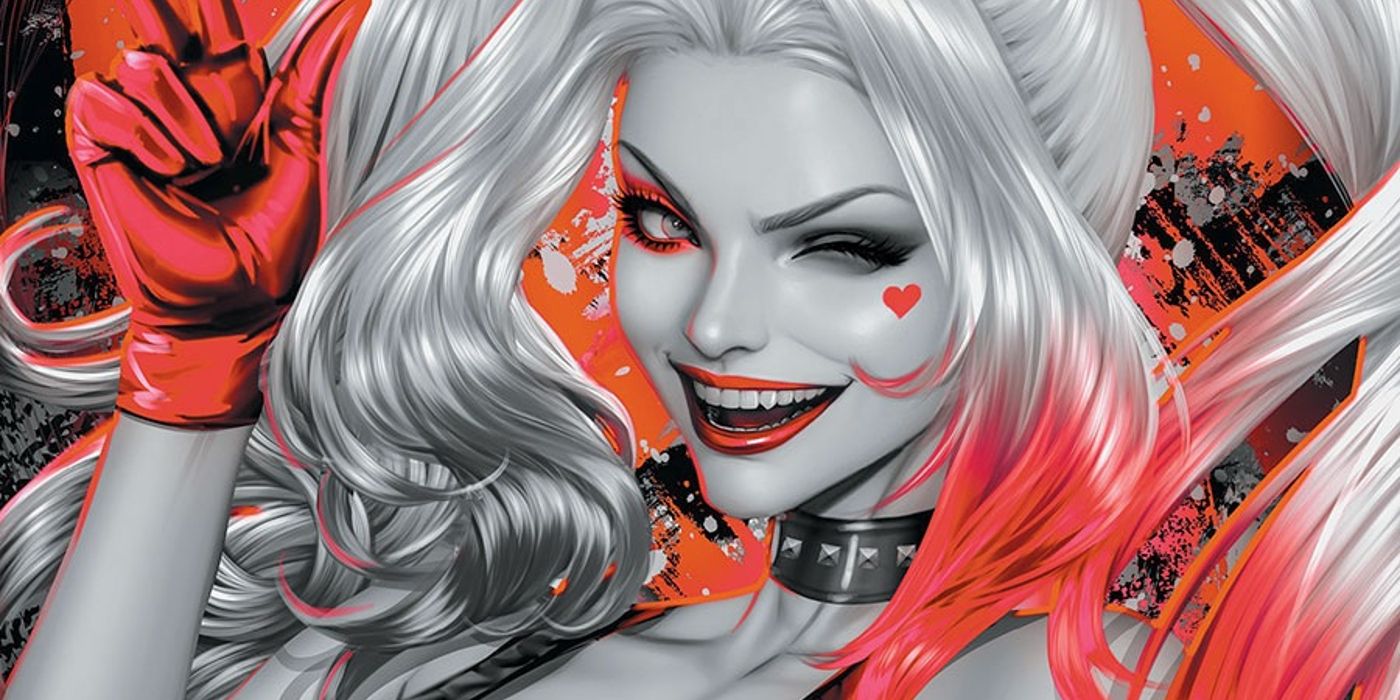 Comic book art: Harley Quinn in black, white, and red.