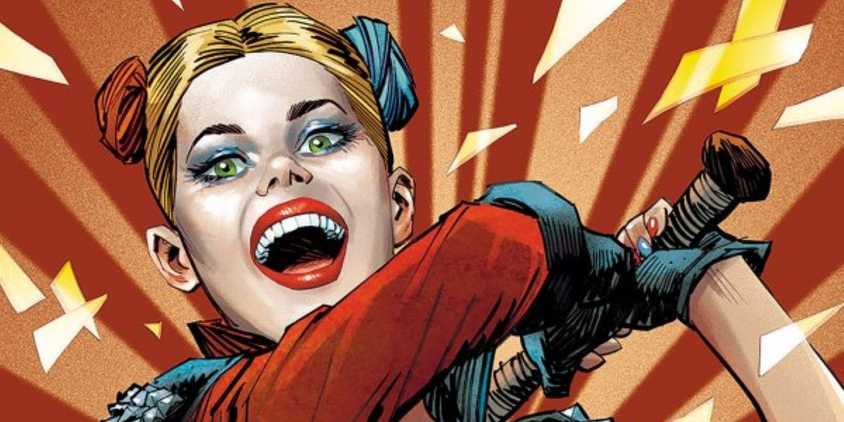 Comic book art: Harley Quinn smiles as she swings a baseball bat.