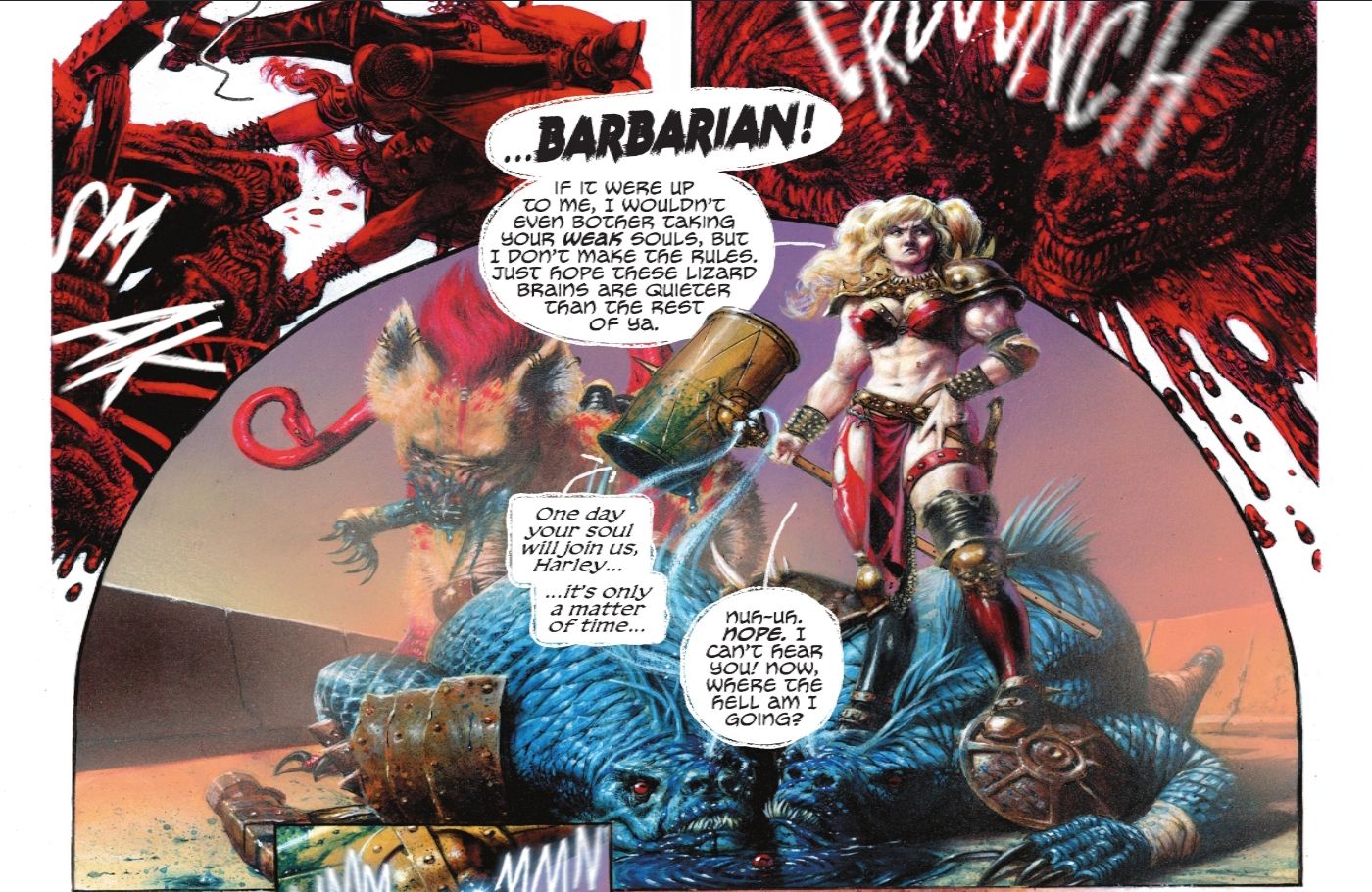Comic book panels: Harley Quinn The Barbarian Is Revealed