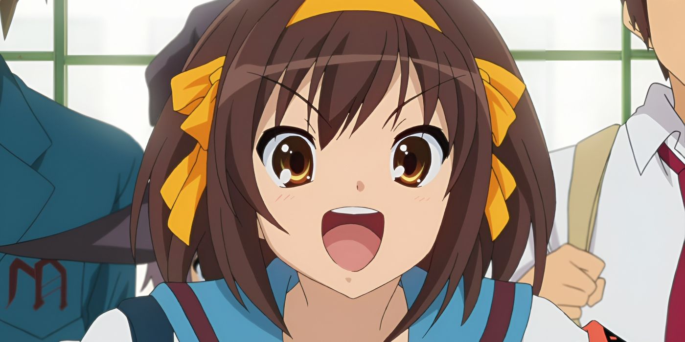 Haruhi's face brightens in excitement from The Melancholy of Haruhi Suzumiya.