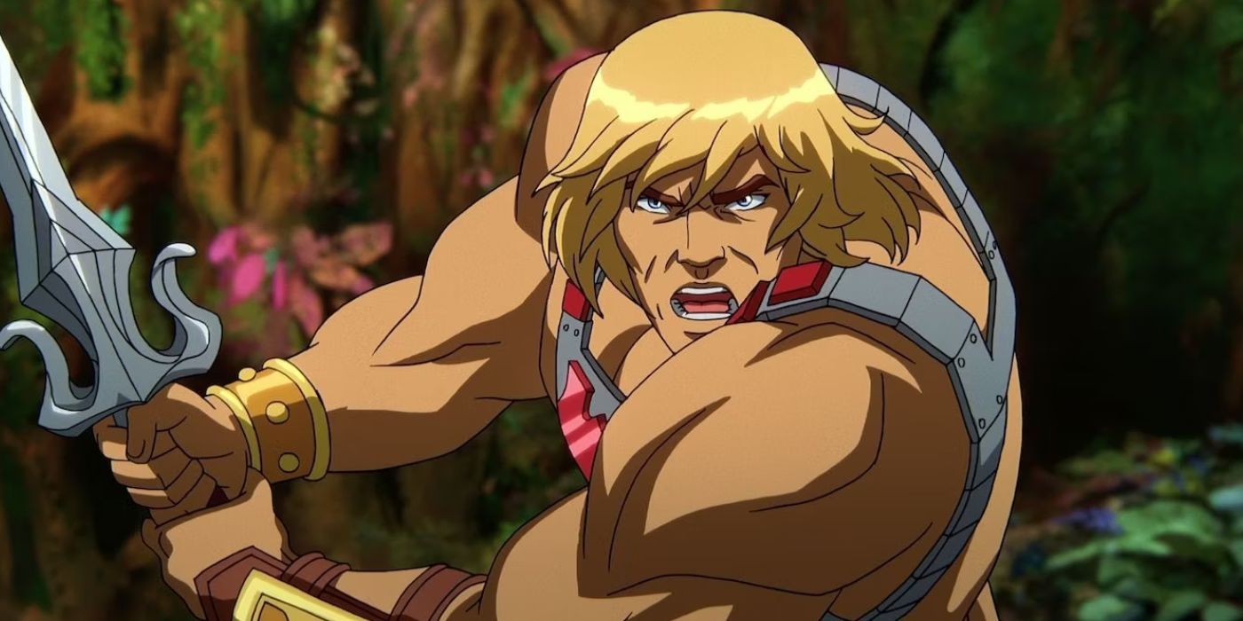 He-Man wields his sword and wears his regular armor in Masters of the Universe