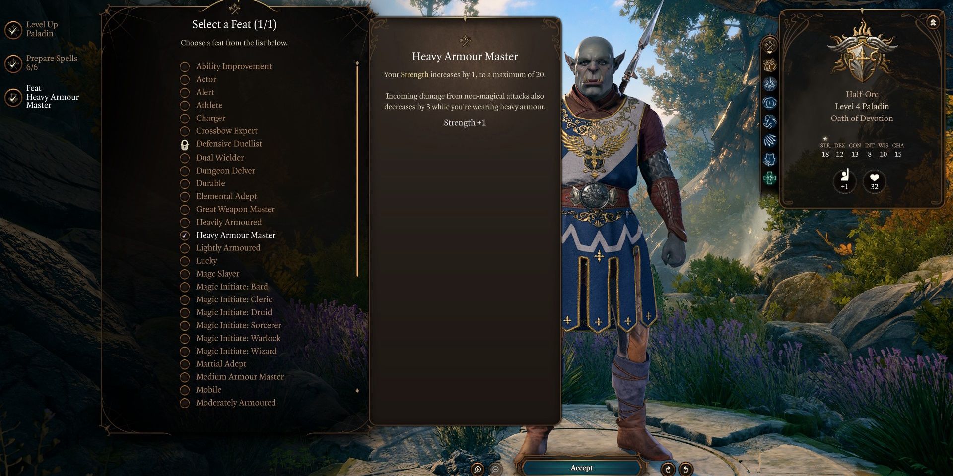 Heavy Armour Master Feat text displayed in level up area of Baldur's Gate 3