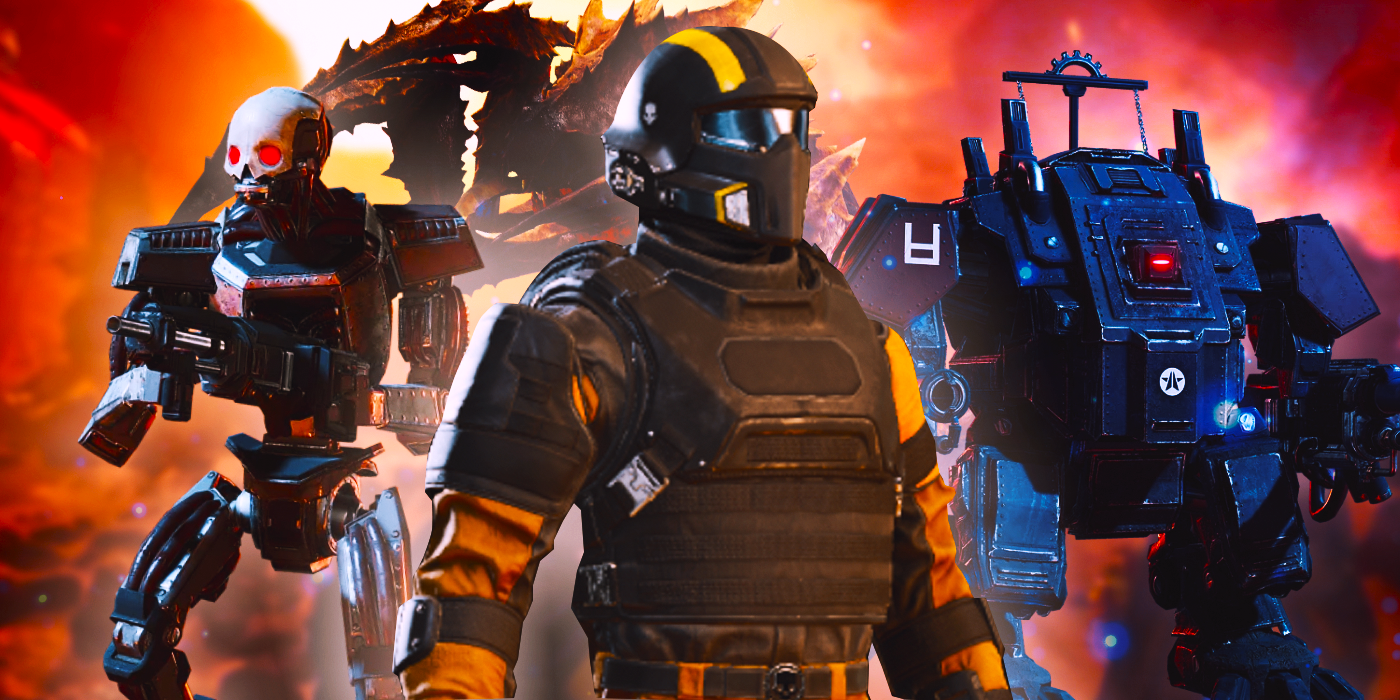 A Helldiver from Helldivers 2, with a Terminid and Automaton in the background.