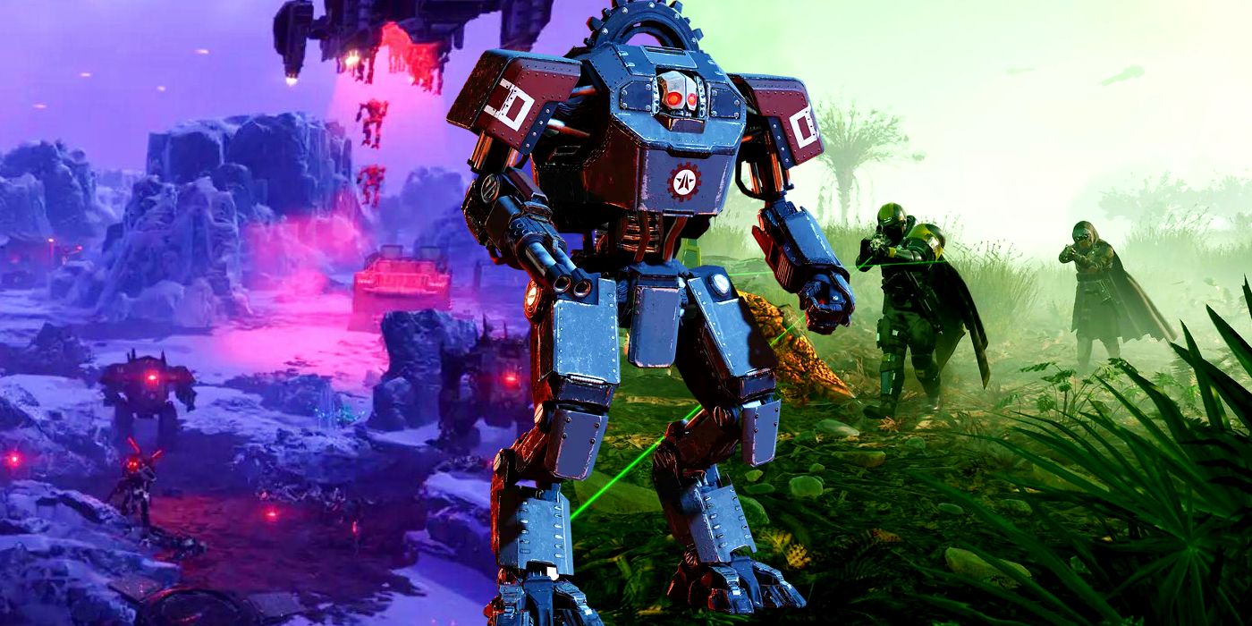 An Automaton Devastator from Helldivers 2 centered, with the background split between two scenes from the game: on the left are more Automatons deploying from a drop ship on an icy planet, and on the right is two Helldivers moving through foggy, verdant planet.