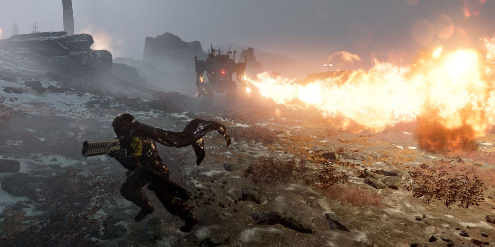 A player running from a Hulk's flamethrower in Helldivers 2.