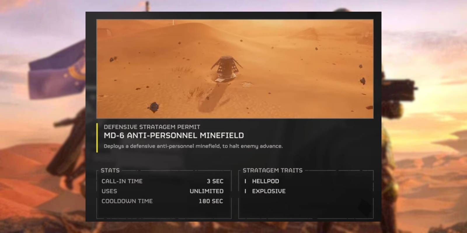Estratagema de campo minado antipessoal Helldivers com descrição de características e estatísticas