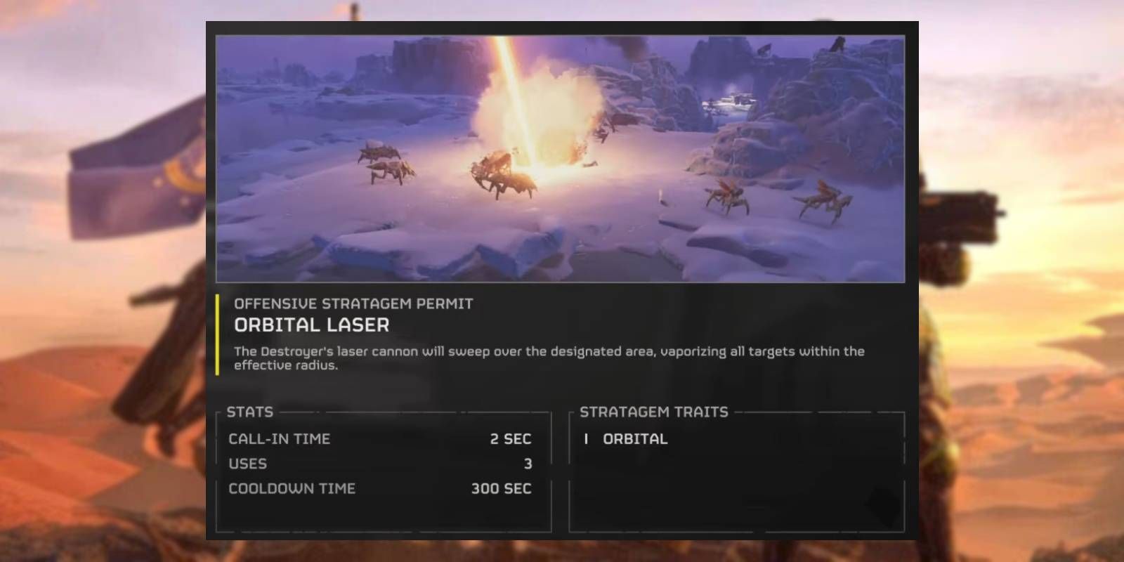 Helldivers 2 Orbital Laser canhões orbitais Stratagem com descrição, estatísticas e características