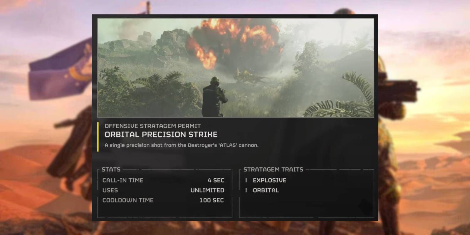 Helldivers 2 Orbital Precision Strike Bridge Stratagem com descrição, características e estatísticas