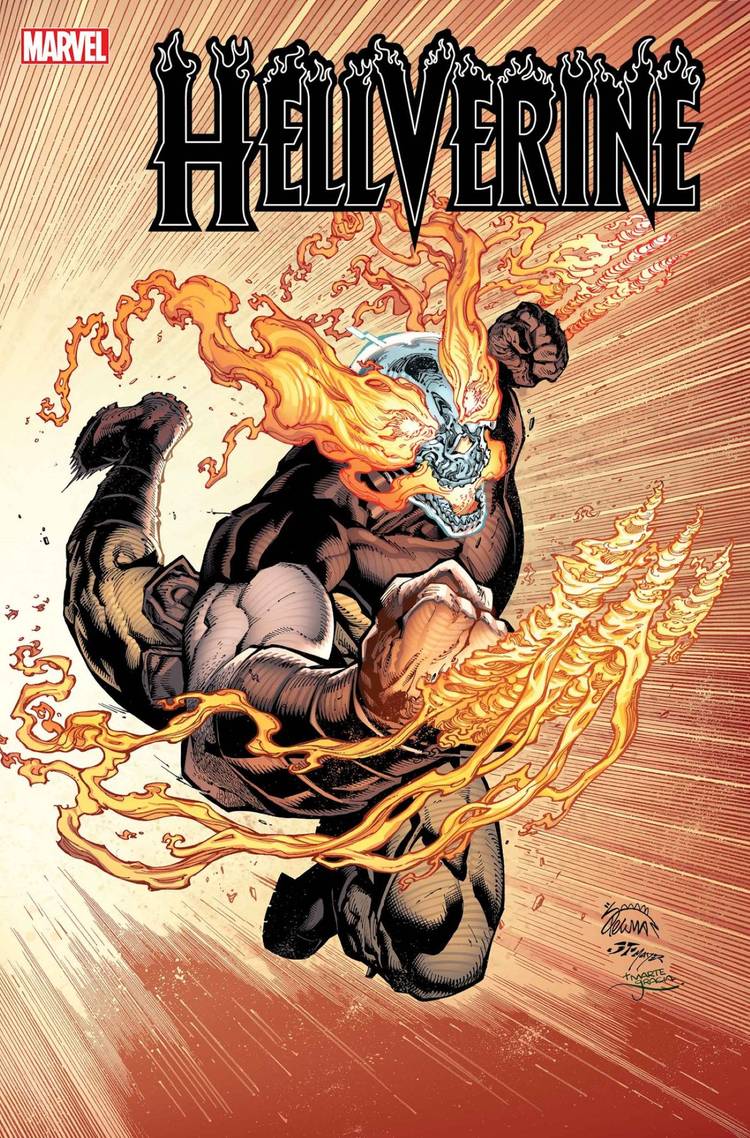 Hellverine #1 cover, the demonic-posessed hero leaping forward with fiery claws.