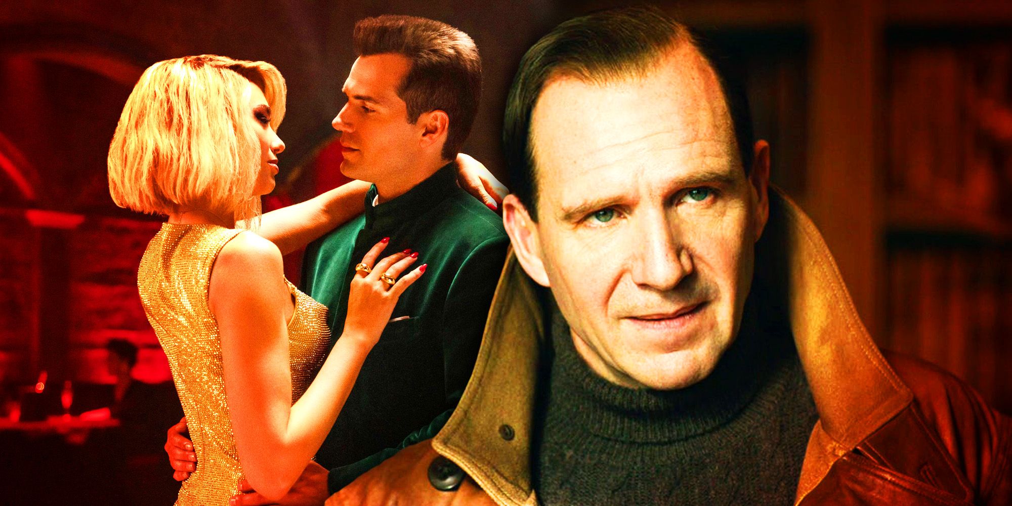 Henry Cavill and Dua Lipa dancing from Argylle with Ralph Fiennes' character from The King’s Man